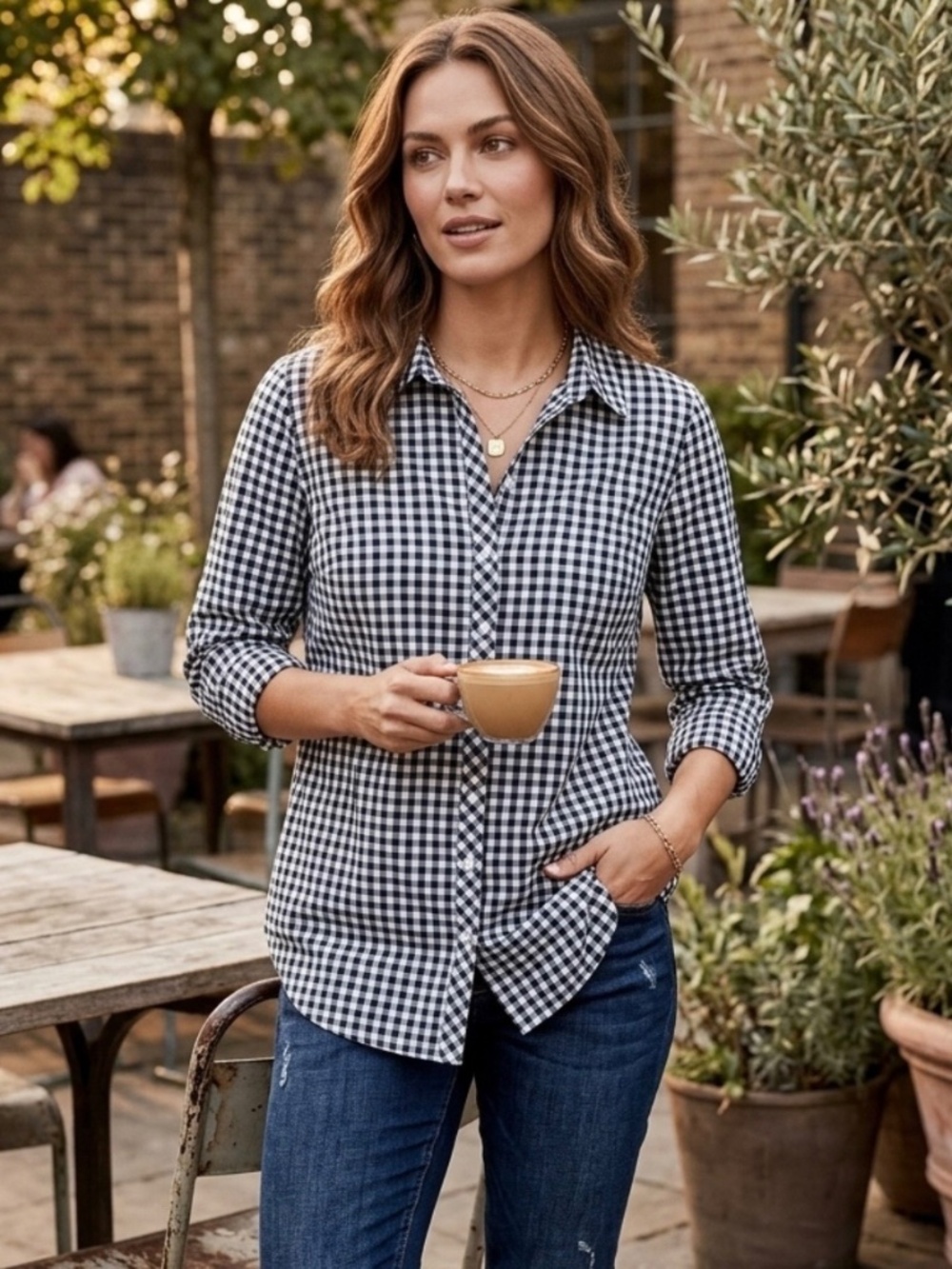 Talbots Cotton Gingham Black White Shirt MP Roll Sleeve Cottagecore Academia